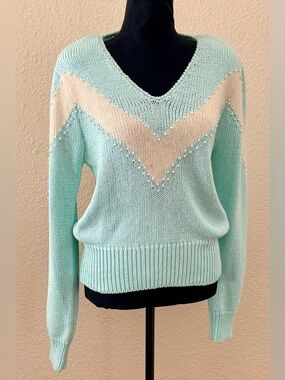 Vintage ‘80s Christina Grant Mint Teal Angora Knit Sweater Pearl Beaded V-Neck M